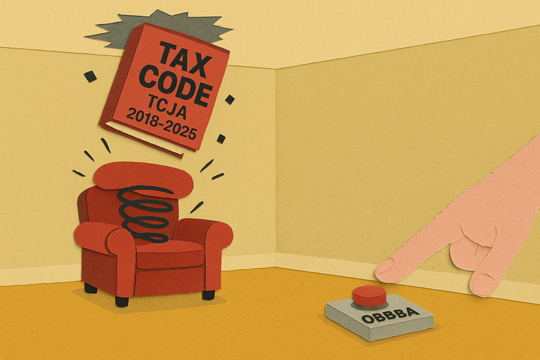 Illustration of a spring-loaded chair ejecting the "Tax Code TCJA 2018–2025" as a hand presses a red button labeled "OBBBA", symbolizing the policy shift from the expiring TCJA to the new legislative framework.