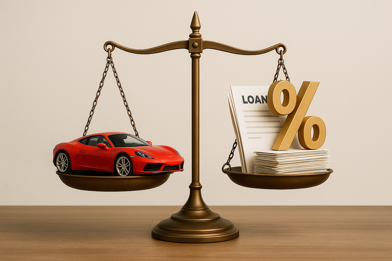 A red sports car and a stack of loan documents with a percentage symbol balanced on a golden scale, representing the tax deductibility of vehicle loan interest