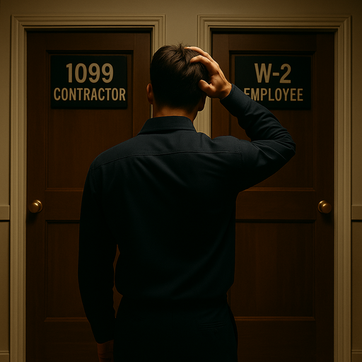 A confused business owner deciding between 1099 contractor and W-2 employee status, symbolizing QBI deduction strategy implications.