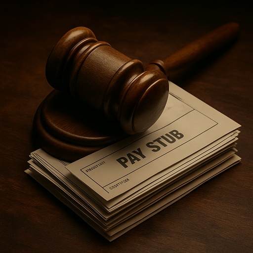 A judge’s gavel resting on a stack of pay stubs, symbolizing legal guidelines for determining a reasonable salary for S-Corp owners.
